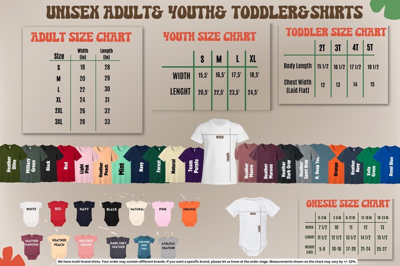 The image is a collage of various adult, youth, and toddler size charts and shirts, providing size information for different clothing items.