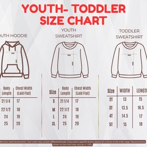 The image is a youth size chart that provides measurements for three different types of sweatshirts: a youth hoodie, a youth sweatshirt, and a toddler sweatshirt. The chart includes tables and illustrations to help determine the appropriate size based on the user's age and height.
