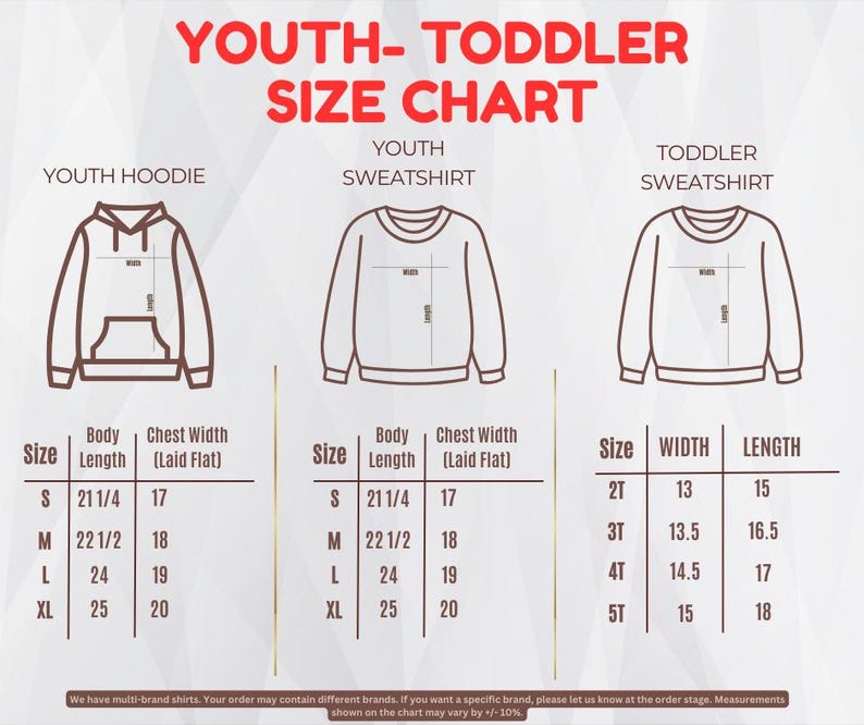 The image is a youth size chart that provides measurements for three different types of sweatshirts: a youth hoodie, a youth sweatshirt, and a toddler sweatshirt. The chart includes tables and illustrations to help determine the appropriate size based on the user's age and height.