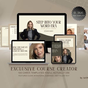 Puede incluir: Una maqueta de producto digital con un portátil, un ordenador de sobremesa, una tableta y un smartphone que muestran contenido del curso. Las pantallas muestran a una mujer y el texto "Step Into Your Word Era" y "Exclusive Course Creator". La imagen tiene una paleta de colores neutros.