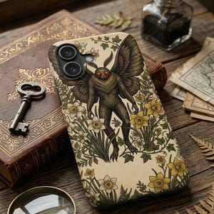 May include: Phone case featuring a detailed illustration of a Mothman-like creature with red eyes, surrounded by flowers and foliage. The case has a cream background and is set on a wooden surface with antique books and a magnifying glass.