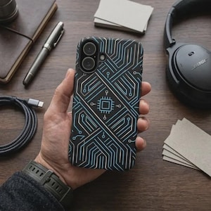 May include: Black smartphone case with a circuit board design in blue and silver. The case features a central square design with a chip icon. The phone case is held in a hand, with a watch visible on the wrist. Other items on the wooden surface include a pen, notebook, and headphones.