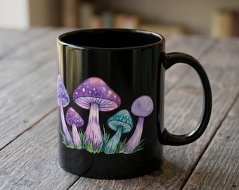 Aesthetic Mushroom Black Mug - Watercolor Magic Fungi Coffee Cup - Dark Cottagecore Kitchen Decor - Celestial Forest Gift for Nature Lovers