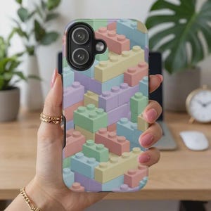 Kleurrijke bouwstenen telefoonhoesje, speelgoedblokken iPhone 17 16 15 Pro Max Cover, retro gamercadeau, Samsung S26 S25 S24-hoesje, cadeau voor kinderen en geeks