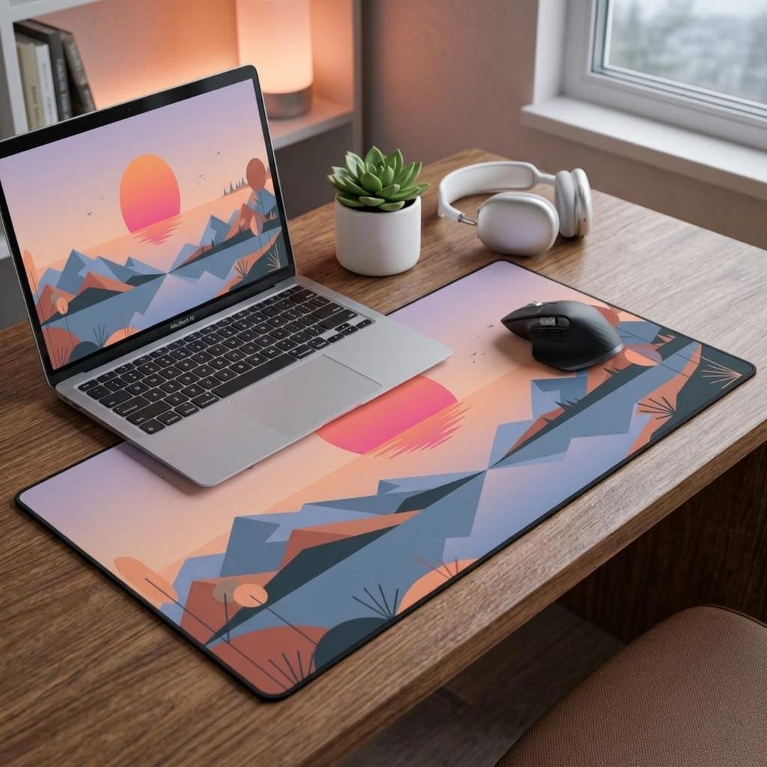 Lofi Aesthetic Desk Mat, Minimalist Sunset Large Mouse Pad, Geometric ...