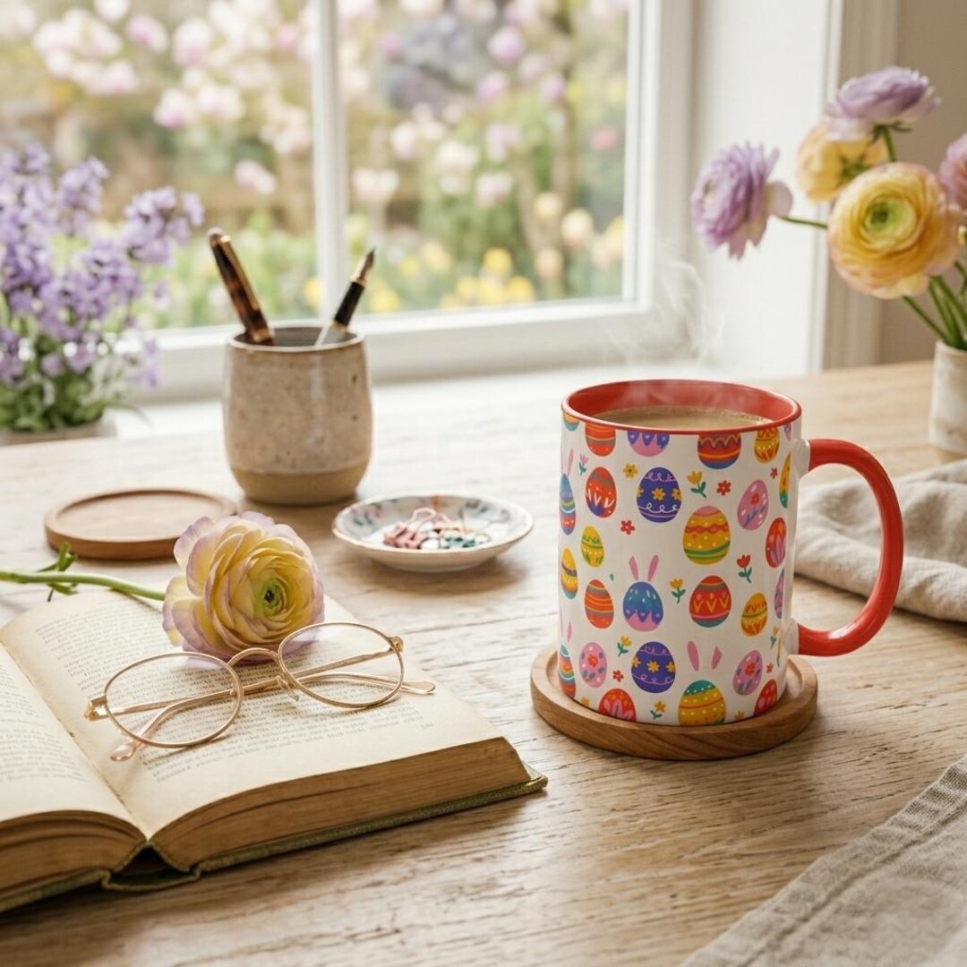 Easter Egg Pattern Coffee Mug, Cute Bunny Ears Tea Cup, Spring Holiday ...