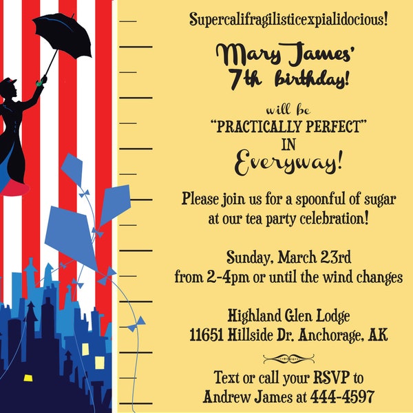 Mary Poppins Party Invitation Baby Shower birthday ruler carnival carousel penguins umbrella disney