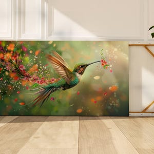Hummingbird Floral Canvas Print | Dreamy Nature Wall Art | Botanical Bird Decor | Elegant Living Room Art | Flower Garden Print Gift |  E5