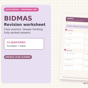 Op de afbeelding: Een BIDMAS-revisiewerkblad voor GCSE-wiskunde in een printbaar PDF-formaat. Het document bevat 21 vragen voor basis- en hogere niveaus, afgestemd op Edexcel GCSE-normen, inclusief duidelijke oefeningen, verdiepend denken en volledig uitgewerkte antwoorden.
