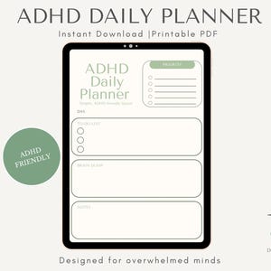 Puede incluir: Planificador diario digital para TDAH con un diseño minimalista. El planificador incluye secciones para listas de tareas diarias, tareas prioritarias y un área de descarga mental. El diseño presenta un círculo verde con el texto "ADHD FRIENDLY".