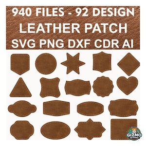 Könnte beinhalten: Eine Auswahl brauner Lederpatches in verschiedenen Formen, darunter Kreise, Sterne und Herzen. Der Text "940 FILES - 92 DESIGN LEATHER PATCH SVG PNG DXF CDR AI" ist enthalten. Geeignet für Bastel- und Designprojekte.