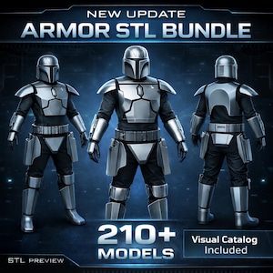 Puede incluir: Se muestran tres figuras con armadura plateada, cascos y ropa negra. La imagen incluye el texto "NEW UPDATE ARMOR STL BUNDLE" y "210+ MODELS". También está presente la frase "Visual Catalog Included".