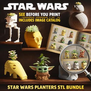 Può includere: Una collezione di fioriere a tema Star Wars, tra cui C-3PO e Baby Yoda, ognuna con una piccola pianta. L'immagine presenta anche un catalogo di immagini e il testo "STAR WARS PLANTERS STL BUNDLE".