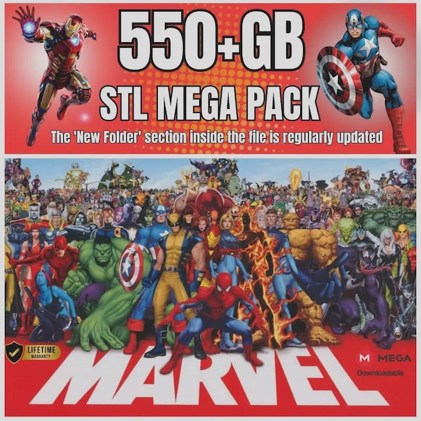 Mega collezione di supereroi STL da 550 GB, pacchetto di personaggi dei fumetti stampabili in 3D, enorme libreria STL per la stampa 3D, download digitale.