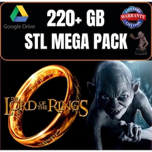 Op de afbeelding: Digitaal downloadproduct met de tekst "220+ GB STL MEGA PACK", een Google Drive-logo en een "Lifetime Warranty"-badge. De afbeelding bevat elementen uit "The Lord of the Rings", waaronder de Ene Ring en Gollum.