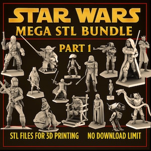 May include: A selection of 3D-printable Star Wars character models. The image showcases various figures from the Star Wars universe, including Yoda, Darth Vader, and Stormtroopers. Text on the image reads "STAR WARS MEGA STL BUNDLE PART 1".