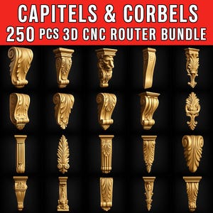 Puede incluir: Colección de diseños dorados de capiteles y ménsulas para router CNC 3D. La imagen muestra varios diseños con detalles intrincados. El texto superior dice "CAPITELS & CORBELS" y "250 PCS 3D CNC ROUTER BUNDLE".