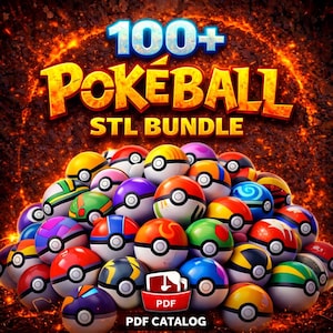 Op de afbeelding: Een levendige afbeelding met een verzameling van meer dan 100 Pokéball STL-bundelontwerpen. De afbeelding toont een verscheidenheid aan kleurrijke Pokéballs, elk met unieke patronen. De tekst "100+ Pokéball STL Bundle" wordt prominent weergegeven, samen met een "PDF Catalog"-pictogram.