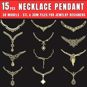 Peut inclure: Présentation de 15 modèles de pendentifs de collier dorés sur fond noir. Les pendentifs présentent des styles variés, avec des motifs complexes et des ornements de pierres précieuses. Le texte indique "NECKLACE PENDANT" et "3D MODELS - STL & 3DM FILES FOR JEWELRY DESIGNERS."