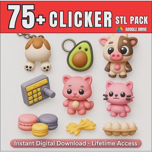 Puede incluir: Una colección de colgantes clicker impresos en 3D de colores, con formas de perro, aguacate, vaca, gato, calculadora, macarons, pasta y huevos. El texto "75+ CLICKER STL PACK" está en la parte superior, con "Instant Digital Download • Lifetime Access" en la parte inferior.