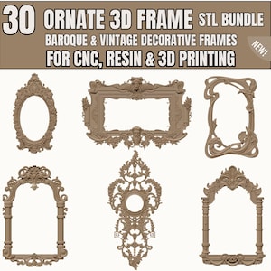 Peut inclure: Présentation de six modèles de cadres 3D ornés de couleur marron clair. Les cadres, de formes variées (ovale, rectangulaire, cintré), présentent des éléments décoratifs baroques et vintage. Le texte indique "30 ORNATE 3D FRAME STL BUNDLE".