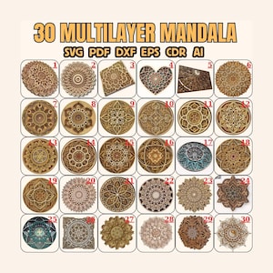 May include: An image showcasing 30 multilayer mandala designs in various shapes and patterns. The designs are numbered and presented in a grid format, with the text "30 MULTILAYER MANDALA" at the top, along with file format options.