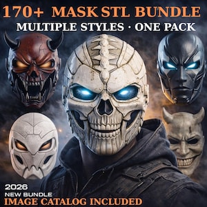 May include: A collection of detailed masks with various designs, including a skull, demon, and futuristic styles. The image features text that reads "170+ MASK STL BUNDLE" and "MULTIPLE STYLES • ONE PACK". Additional text includes "2026 NEW BUNDLE IMAGE CATALOG INCLUDED".