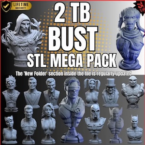 Puede incluir: Imagen promocional de un Mega Pack STL de 2 TB con varios bustos de personajes. La imagen incluye texto y una variedad de bustos detallados en tonos grises, que muestran diferentes personajes. El texto destaca la capacidad y las características del producto.