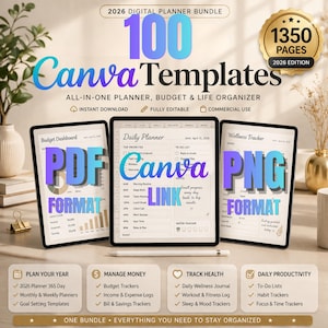 Paquete de plantillas para agenda Canva 2026 / Más de 100 páginas editables (uso comercial)