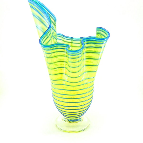 Hand Blown Art Glass Vase - Bright Citron Yellow and Aqua Blue - Fluted - Freeform - Wavy - Lemon Lime - Tropical