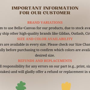 important information for customers regarding brand variations, size and color availability, and customer responsibility for errors.