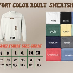The image is an adult sweatshirt size chart, showing the different sizes available in a white sweatshirt. The chart provides measurements for each size, including waist, chest, and length, along with corresponding color options. The chart also includes a list of color options and their corresponding sizes.