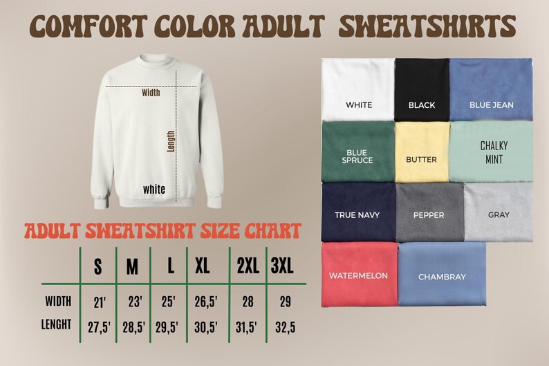 The image is an adult sweatshirt size chart, showing the different sizes available in a white sweatshirt. The chart provides measurements for each size, including waist, chest, and length, along with corresponding color options. The chart also includes a list of color options and their corresponding sizes.