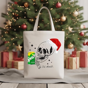 Christmas Sprite Skeleton Santa Hat Tote, Soda Skull Logo Trendy Cotton Shoulder Bag