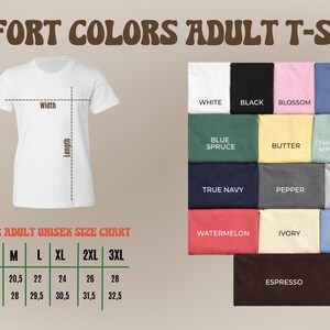 The image is a collage of two main sections. The left section features a white t-shirt with measurements and a chart for different sizes, while the right section displays a collection of colorful t-shirts with various sizes and colors.
