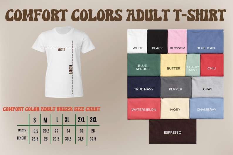 The image is a collage of two main sections. The left section features a white t-shirt with measurements and a chart for different sizes, while the right section displays a collection of colorful t-shirts with various sizes and colors.