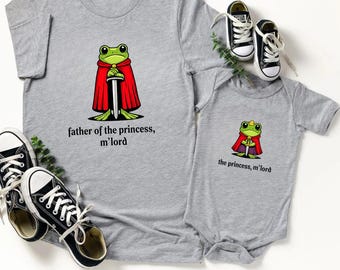 おもしろい家族お揃いTシャツ カエル騎士、お姫様の父、マイロード衣装、おしゃれなパパと赤ちゃんのシャツ、風変わりな父娘