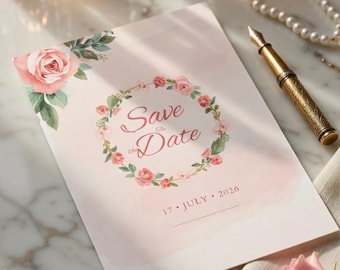 Plantilla de invitación de boda "Reserva la fecha" con diseño floral y rosas rosas románticas (descarga instantánea)