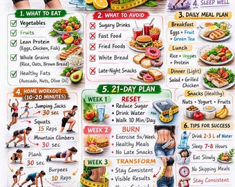 Guía de 21 días para quemar grasa abdominal / Rutina de ejercicios en casa y plan de comidas (Descarga digital)