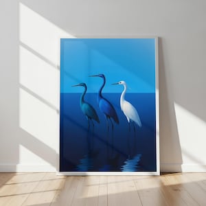 Herons Blue Wall Art, Coastal Home Decor, Modern Egret Trio Print, Minimalist Navy Blue Poster, Beach House Wall Decor, Instant Download