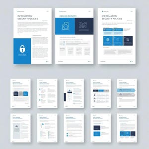 Puede incluir: Una colección de documentos con los títulos "Políticas de seguridad de la información" y "Diseño de seguridad". Los documentos presentan diseños en azul y blanco, incluyendo iconos y texto. El diseño es limpio y profesional, adecuado para presentaciones o informes.