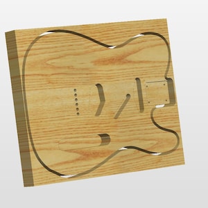 Peut inclure: Un bloc de bois clair présentant le contour fraisé par commande numérique d'un corps de guitare électrique. Le grain du bois est visible sur toute la surface, et les cavités pour le chevalet, les micros et le manche sont clairement définies.