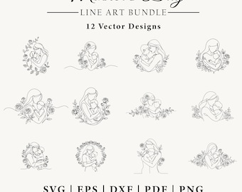 May include: A collection of 12 line art vector designs for Mother's Day. Each design features a mother and child, some with floral accents. The designs are available in SVG, EPS, DXF, PDF, and PNG formats.