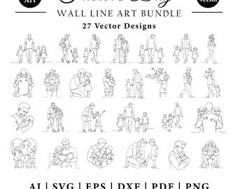 Paquete de ilustraciones lineales para el Día del Padre / Arte mural para papá e hijo (27 diseños vectoriales)