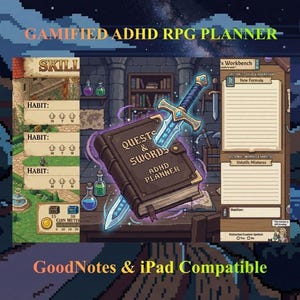 Op de afbeelding: Een digitale planner met een pixelachtig RPG-thema. De bruine planner, getiteld "QUESTS & SWORDS ADHD PLANNER", wordt doorboord door een gloeiend zwaard. De afbeelding bevat de tekst: "GAMIFIED ADHD RPG PLANNER" en "GoodNotes & iPad Compatible".