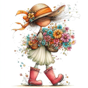 Puede incluir: Ilustración en acuarela de una niña con sombrero de paja y cinta naranja, llevando dos cestas llenas de flores coloridas. Viste un vestido blanco y botas rojas, caminando sobre un fondo blanco. La imagen tiene un tema primaveral y caprichoso.