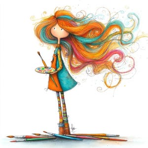 Puede incluir: Ilustración caprichosa de una artista con cabello fluido y colorido en tonos naranja, azul y rosa. Lleva un delantal naranja sobre un vestido azul y sostiene una paleta y un pincel. Pinceles esparcidos a sus pies.