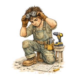 Peut inclure: Illustration d'un menuisier agenouillé, portant une salopette de travail, des gants et des lunettes. Une perceuse jaune et noire est posée sur un petit tabouret en bois. Des outils et un plan sont au sol, avec des vis éparpillées.