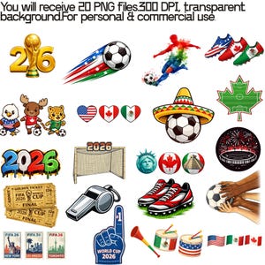 May include: A collection of soccer-themed digital graphics. Includes a soccer ball with a sombrero, soccer cleats, a trophy, and various country flags. Also features a soccer goal, tickets, and a foam finger.