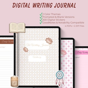May include: A digital writing journal displayed on tablet screens featuring a geometric pattern, lotus flower illustrations, and text including "Digital Writing Journal," "The Writing Journal," and "Written by." Includes 2 color themes, prompted and blank versions, 200 digital stickers, and compatibility with GoodNotes and Notability, totaling 4 PDFs and 2 ZIP files.